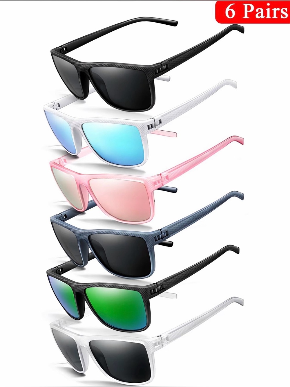 6-Pack Fashion Sunglasses Set in Black, White, Pink, Blue, Green